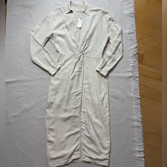 NEW Anthropologie Twist Knot Front Vneck Linen Midi Dress 6 Neutral Minimalist - Picture 2 of 9